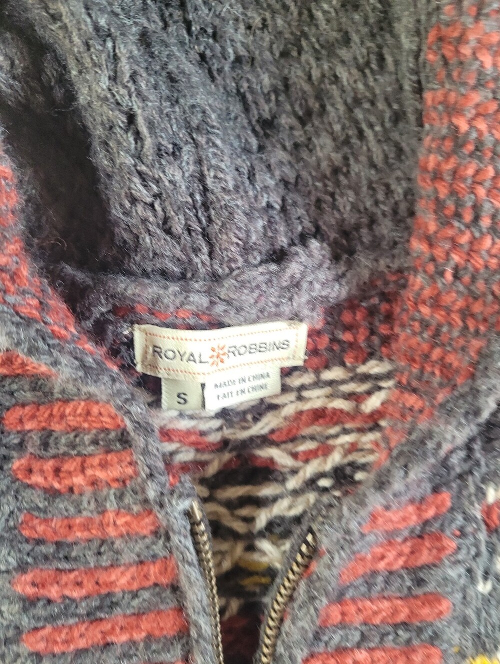 Royal Robbins Charcoal Hooded Zip Cardigan with Red and Yellow Fair Isle - Picture 3 of 6